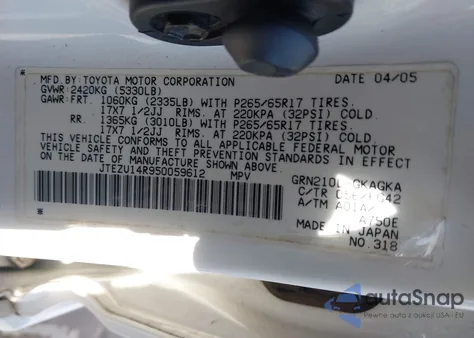 2005 Toyota 4Runner Sr5 V6 from USA, damaged, VIN JTEZU14R950059612